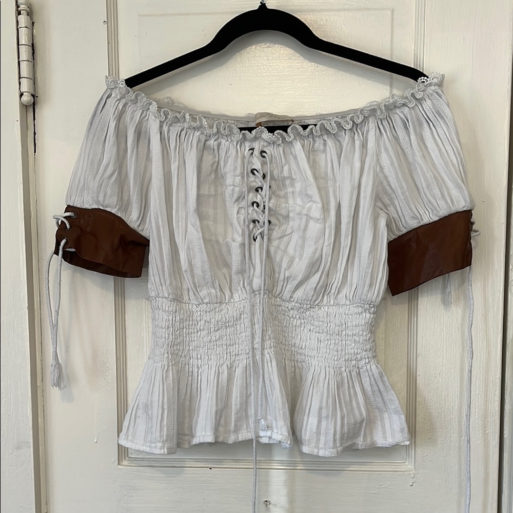 White and Brown Puff Sleeve Peplum Blouse